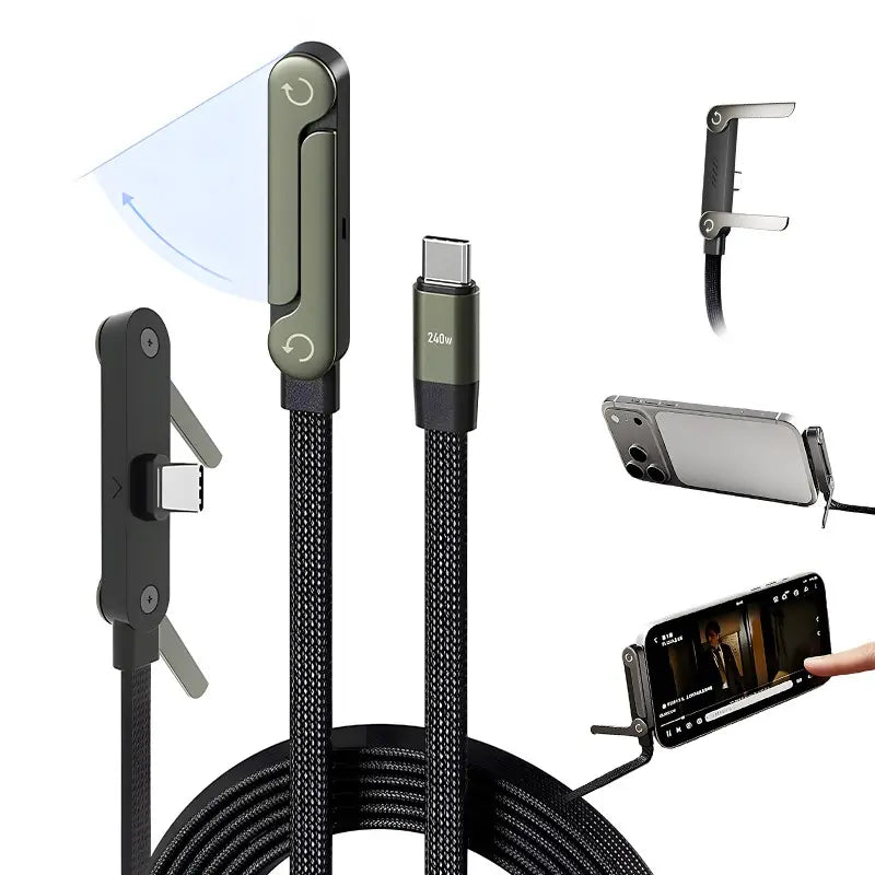 240W Super Fast Charging, Invisible Holder Charger Cable with Stand, Type C Braided Design for Gaming Office Travel