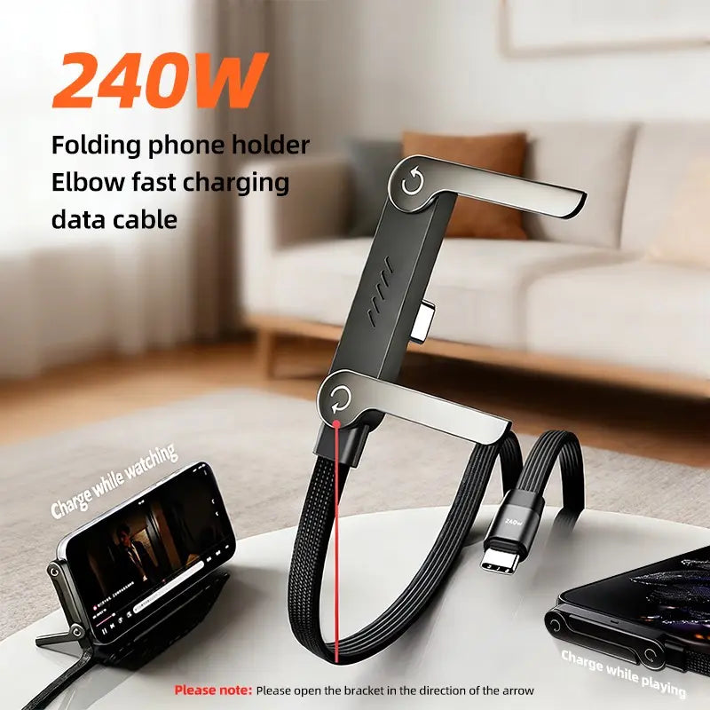 240W Super Fast Charging, Invisible Holder Charger Cable with Stand, Type C Braided Design for Gaming Office Travel