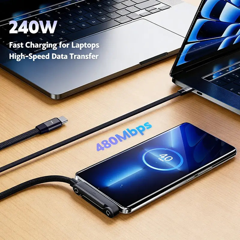 240W Super Fast Charging, Invisible Holder Charger Cable with Stand, Type C Braided Design for Gaming Office Travel
